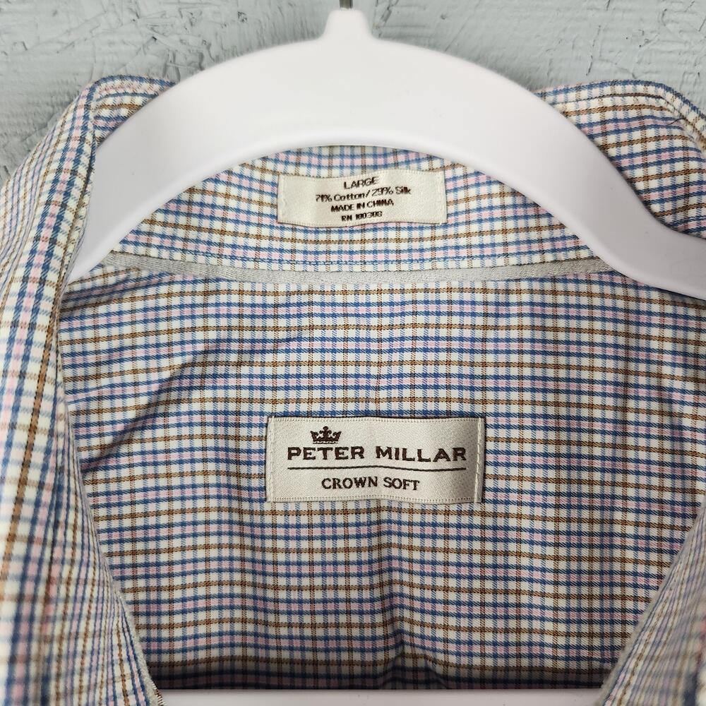 Peter Millar Shirt Mens Large Multicolor Check Plaid Crown Soft Cotton Silk Golf